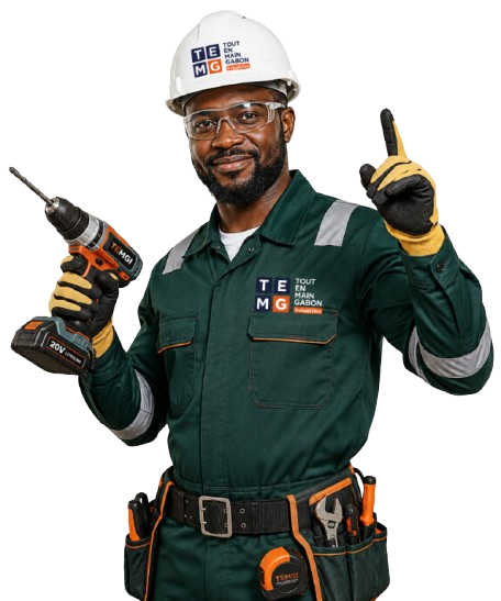 Professionnel africain équipé d’une perceuse et d’outils de travail, représentant l’offre TEMGI en outillage et équipements professionnels au Gabon.