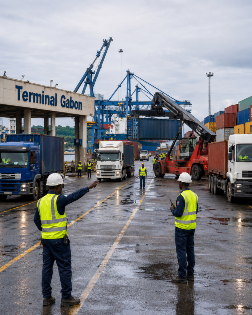 Opérations logistiques au port Terminal Gabon avec camions, conteneurs et ouvriers en gilet coordonnant les mouvements de marchandises par une équipe deTEMGI.