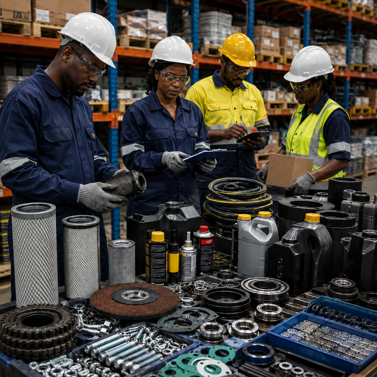 Équipe africaine contrôlant des consommables industriels, lubrifiants, abrasifs, fixations et pièces d’usure pour le réapprovisionnement des sites au Gabon.