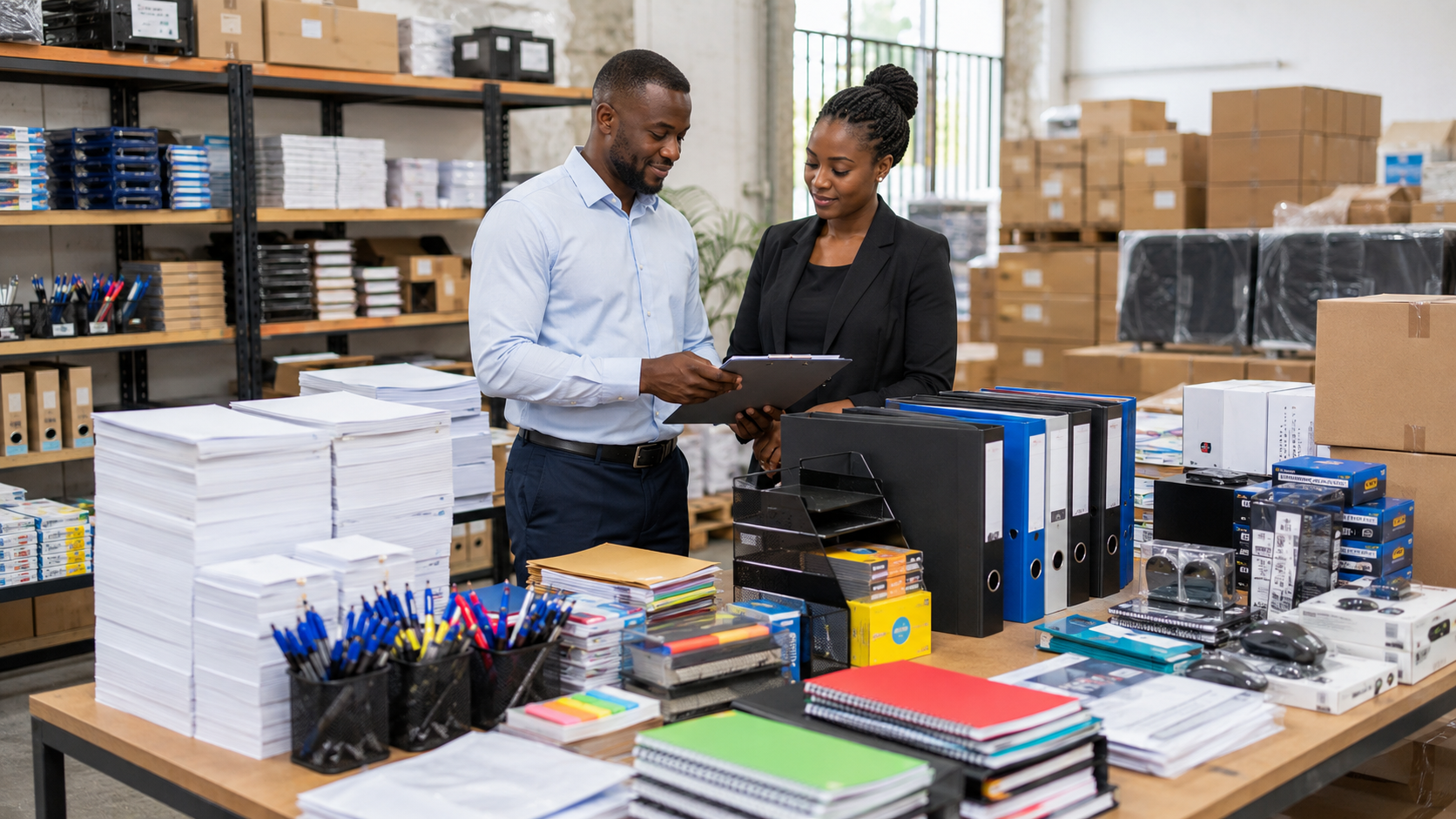 Commercial TEMGI et client vérifiant une commande centralisée de fournitures de bureau dans une zone de préparation au Gabon.