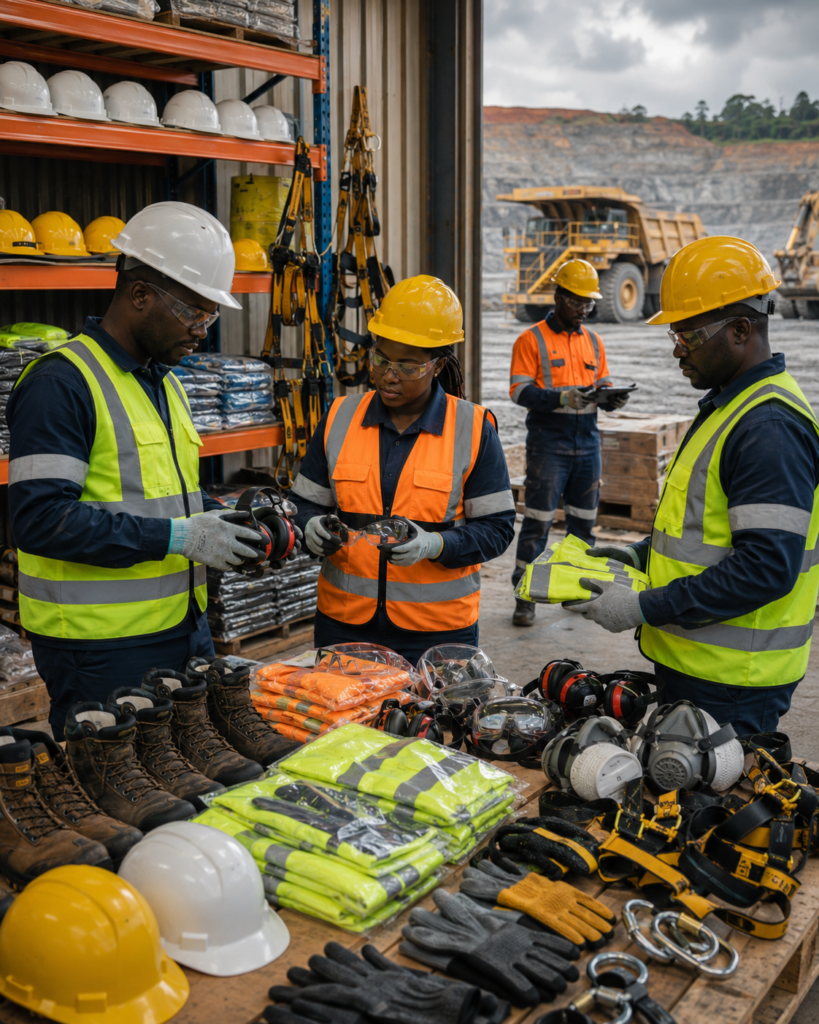 Agents de sécurité africains contrôlant des fournitures Epi et équipements individuelles dans un entrepôt de chantier minier au Gabon.