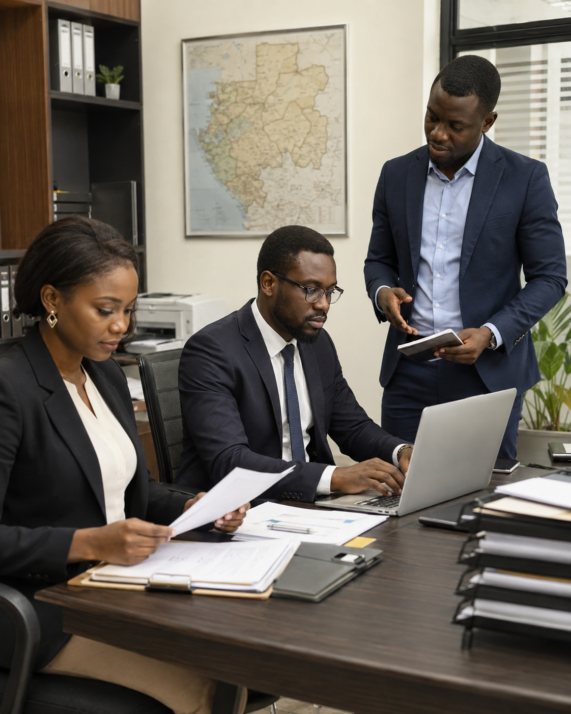 Équipe de logisticiens africains dans un bureau moderne traitant des demandes de devis, des commandes et la coordination logistique au Gabon.