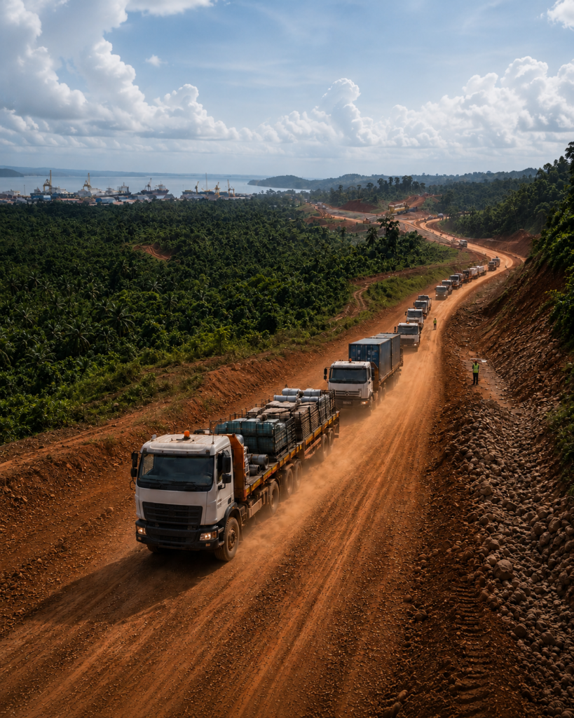 Convoi de camions transportant du matériel industriel du secteur minier sur une piste latéritique vers un site d’exploitation au Gabon.