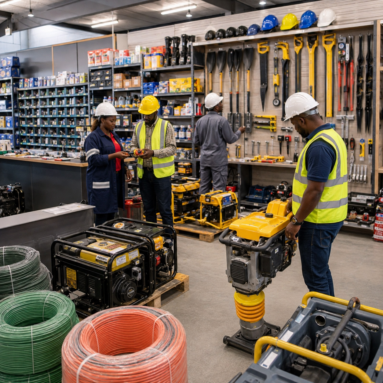 Professionnels africains dans un magasin d’outillage des secteurs minier et BTP au Gabon