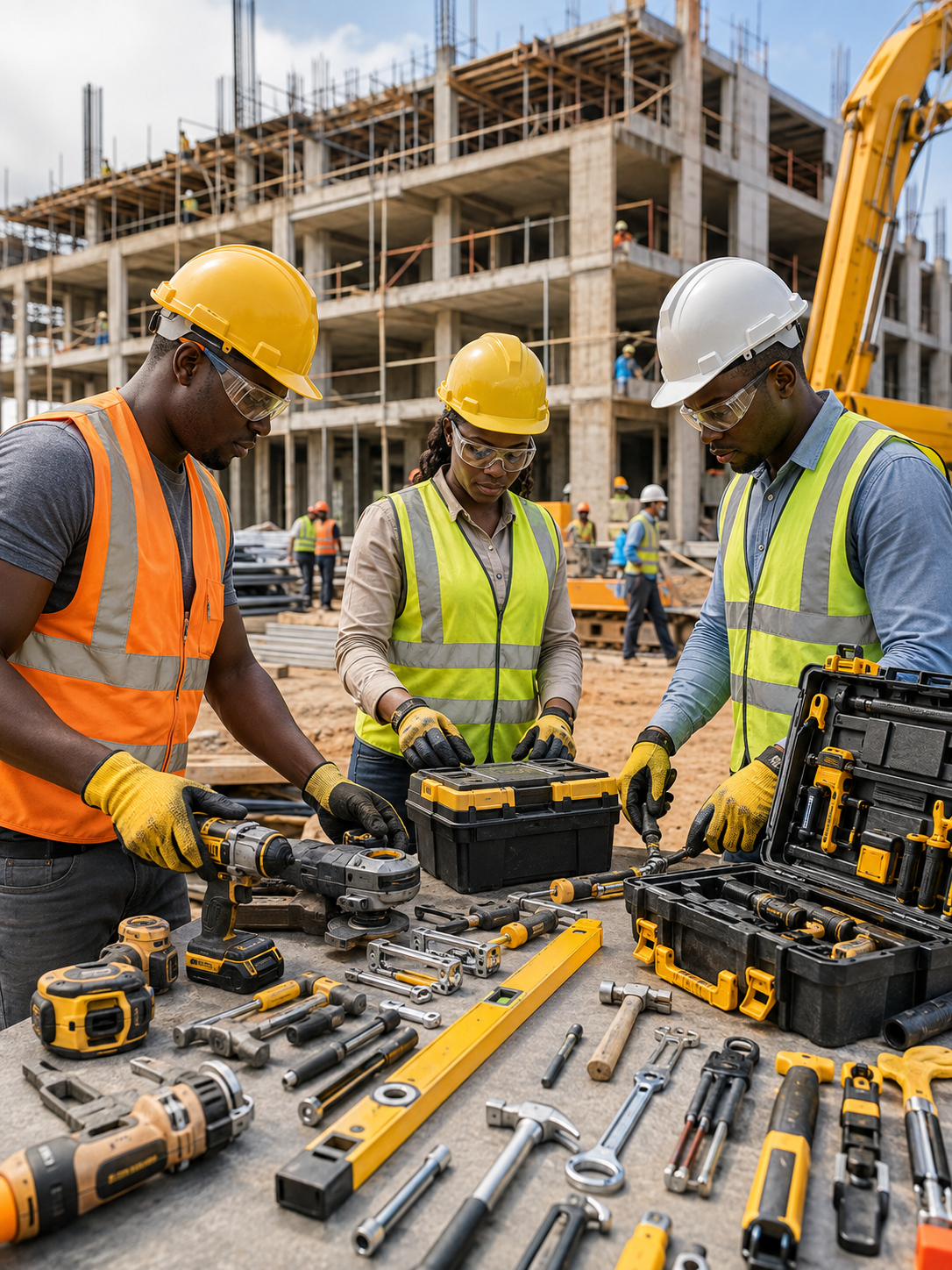 Outillage BTP : Équipe africaine préparant et contrôlant des outils professionnel dans un entrepôt au Gabon.