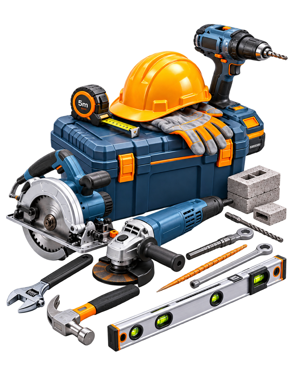 Ensemble d’outillage BTP professionnel comprenant perceuse, scie circulaire, meuleuse, casque, gants, niveau, marteau et accessoires de chantier.