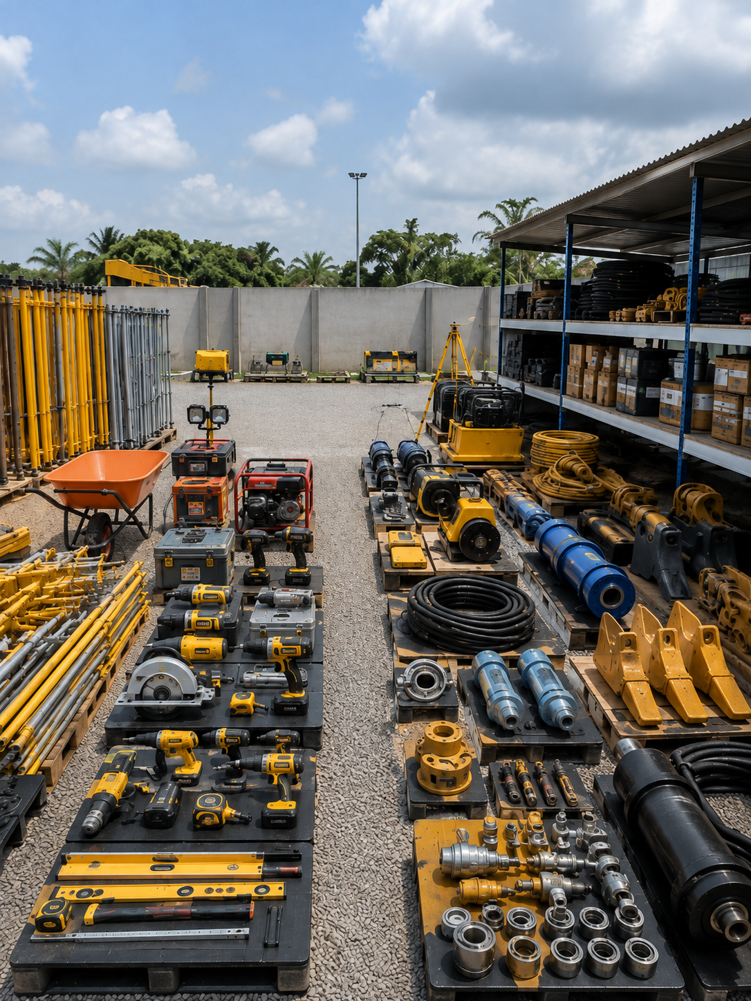 Équipements et outillages pour les secteurs minier et BTP présentés dans une zone de stockage extérieure TEMGI , une entreprise de Intermédiation commerciale au Gabon