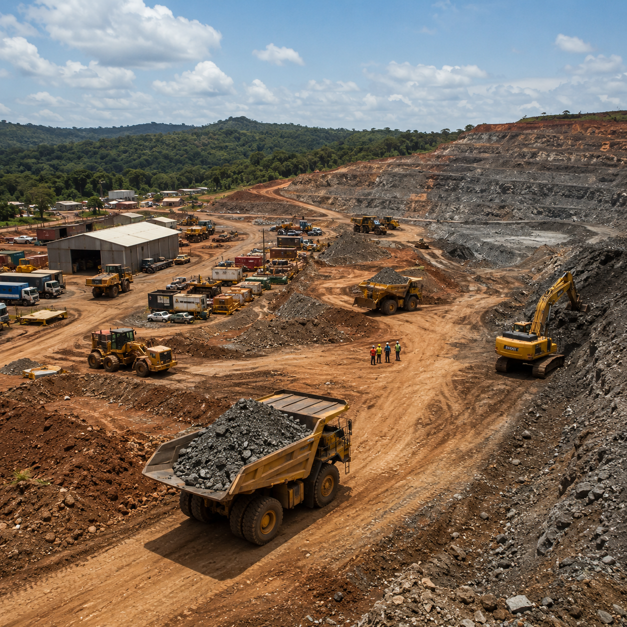 Vue d’ensemble d’un grand site minier au Gabon avec camions, engins lourds et zone d’exploitation en activité.