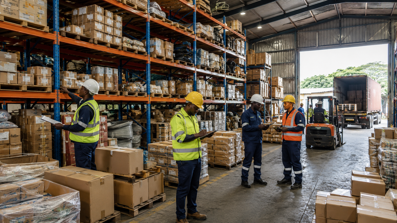 Équipe logistique africaine dans un entrepôt avec stock visible, palettes, cartons et préparation de commandes pour la livraison au Gabon.