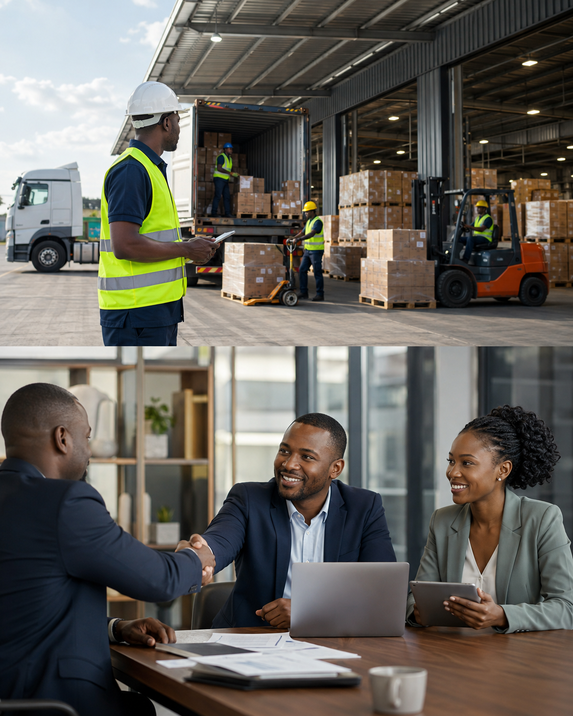 Visuel publicitaire TEMGI montrant les services logistiques et l’intermédiation commerciale à travers une scène de livraison et une réunion d’affaires